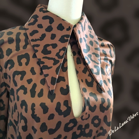 Leopard Print Dress in Honey Brown & Black with Contrast Fuzzy Faux Fur Trim MED - Picture 4 of 13